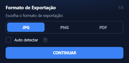 Tela do Exportar: escolha entre JPG, PNG e PDF