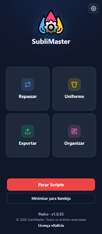 Menu do SubliMaster com os quatro scripts: Repassar, Uniforme, Exportar e Organizar