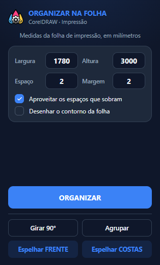 Tela do Organizar com largura, altura, espaço e margem da folha